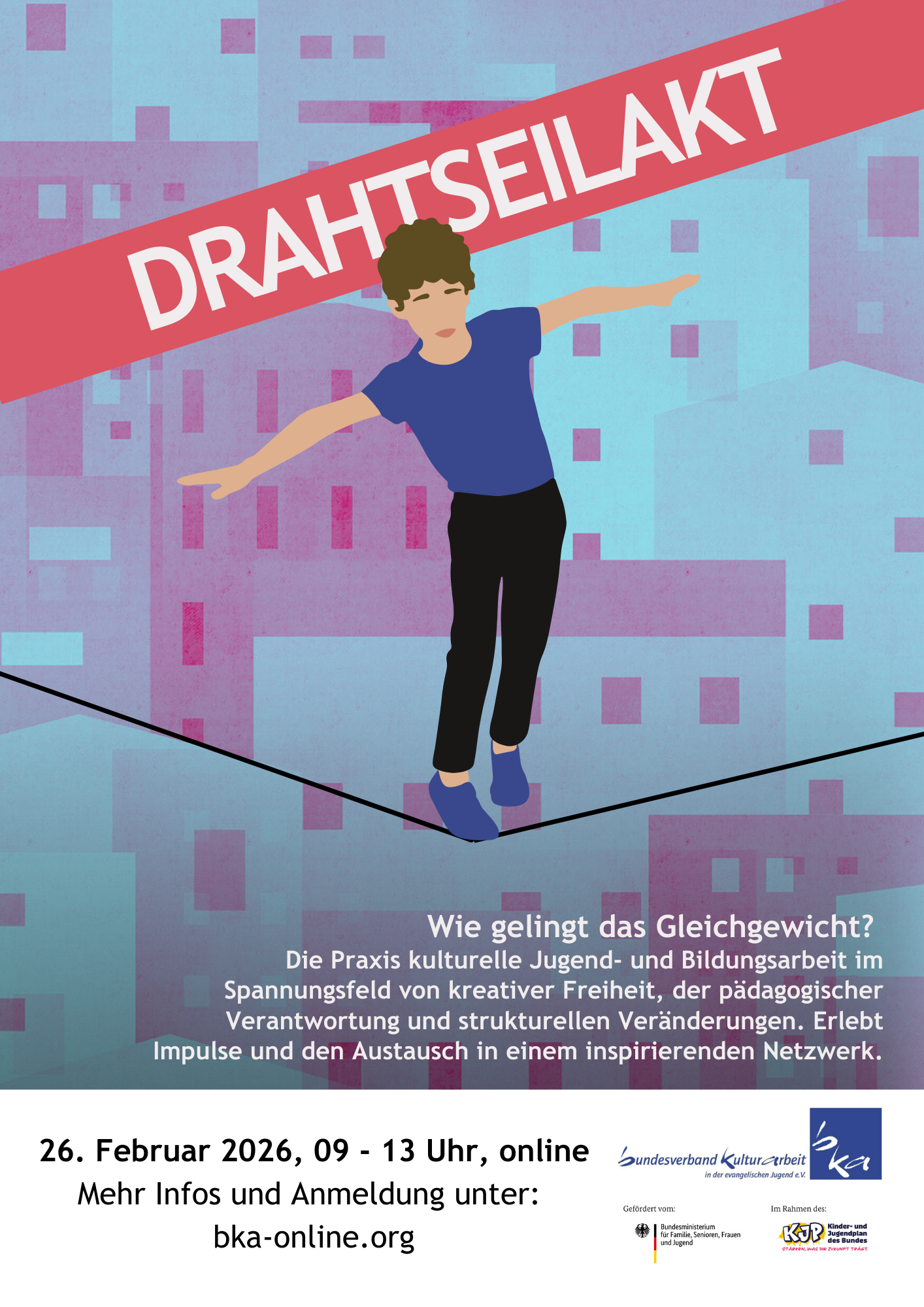 Auf einem Drahtseil, welches vom linken zum rechten Bildrand gespannt ist, balanciert ein Mensch.